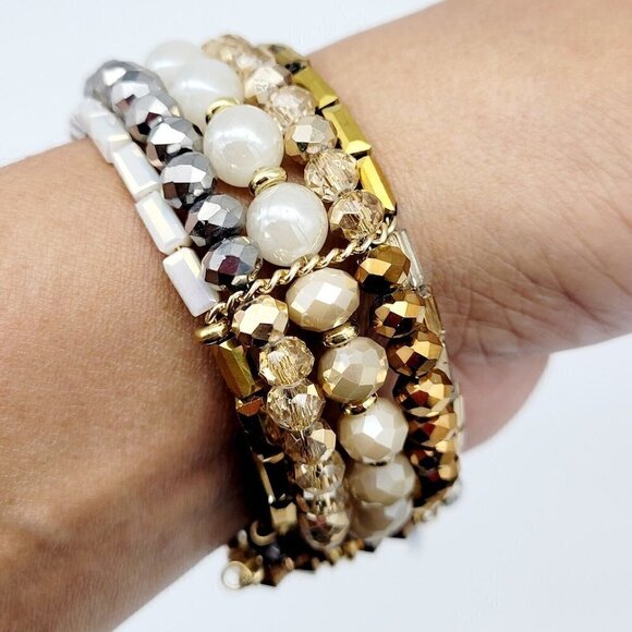 INC 5 Strand Open Memory Wire Bracelet Faceted Crystals Gold & Neutral Tones NWT - Picture 9 of 10